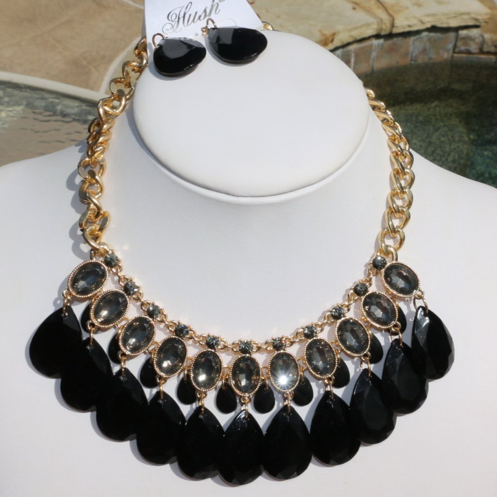 Boho Necklace Black Teardrop Bead Jewel Dressy Set